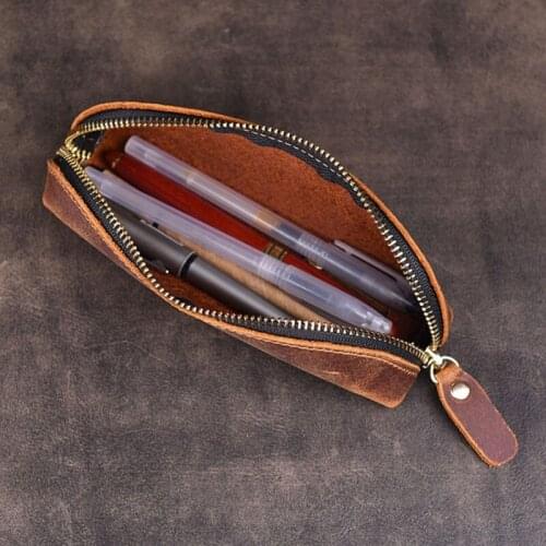 Handmade Genuine Leather Pencil Bag Vintage Retro Style Cowhide Zipper Pen Case School Bag Office Stationery Y5GE