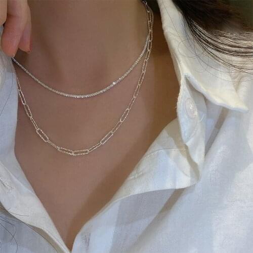 S925 sterling silver sparkling necklace, plain chain, bare chain, bright baby clavicle chain, ring bracelet set jewelry