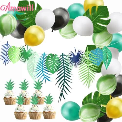 Amawill Jungle Party Decoration Set Enjoy Summer Banner Palm Leaves Tropical Latex Balloons Cake Topper Baby Shower Decor 7D