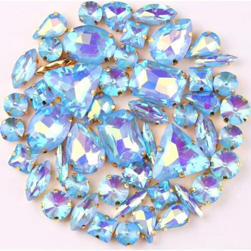 Gold claw setting 50pcs/bag shapes mix jelly candy Lt sapphire AB glass crystal sew on rhinestone wedding dress shoes bags diy