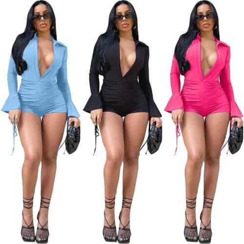 One-Piece Shorts Womens Solid Color Personality Hollow Tie Folds Ruffled Sleeves Jumpsuit