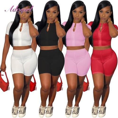 Women Workout Yoga Two Piece Set Solid Short Sleeve Zippers Crop Top T-Shirt Jogger Shorts Sport Tracksuit Outfit Matching Set