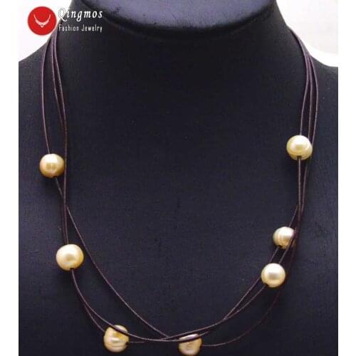 Qingmos 10-11mm Natural Pink Pearl Necklace for Women with Potato Pearl Pendant Necklace Leather 3 Strands 19" Chokers Necklace