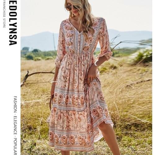 2021 New Floral Print Long Dress Summer Boho Dress Female Holiday Dress Women Plus Size V-neck Big Hem Dress Sarongs Y103