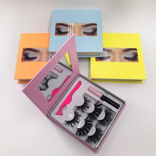 3Pairs Eyelashes Set 25mm Mink Lashes Black White Lash Glue Colorful Lash Package Box with Mirror