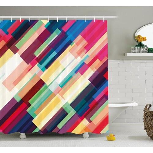 Abstract Shower Curtain Futuristic Geometric Pattern with Colorful Stripes Modern Technologic Print Bathroom Waterproof Curtains