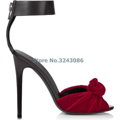Red Black Velvet Flower Thin High Heel Sandals Peep Toe Back Zip Stiletto Heel Banquet Shoes Ankle Strap Women Elegant Sandals