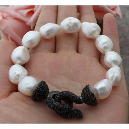 Natural 12*14mm White Baroque freshwater Pearl Bracelet inlay zircon Clasp 8inch