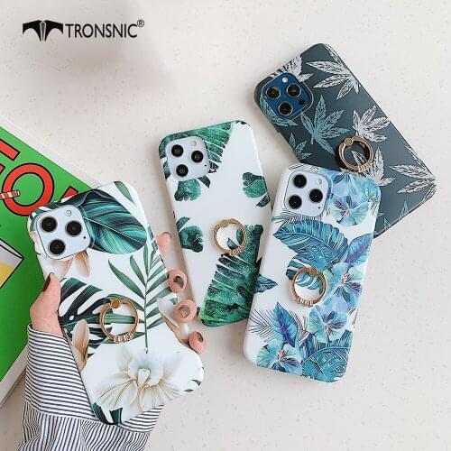 Green Leaf Diamond Ring Phone Case for iPhone 12 Mini Pro Max Soft Luxury Matte Shell Buckle Case for iPhone 12 ProMax Cover Hot
