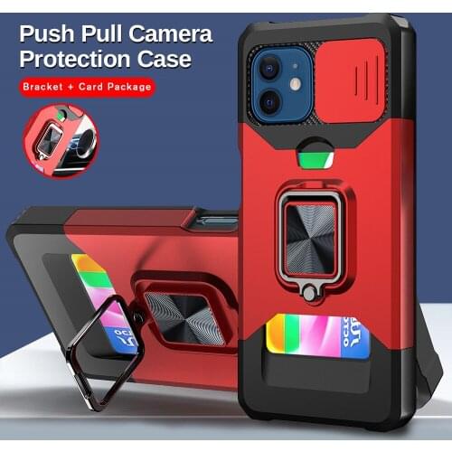 For Iphone 13 Pro Case Slide Window Camera Shockproof Armor Cover Aifon 13Pro Max Mini Car Magnetic Ring Stand Card Slot Fundas