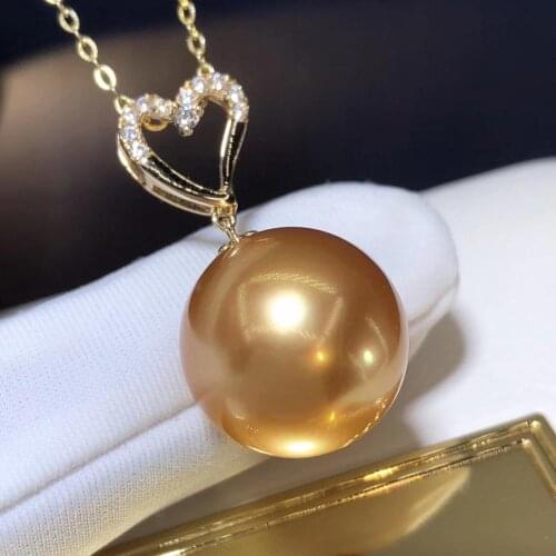 D421 Pearl Pendant Fine Jewelry Solid 18K Gold Round 12-13mm Ocean Sea Water Golden Pearls Pendants Necklaces for Women Presents