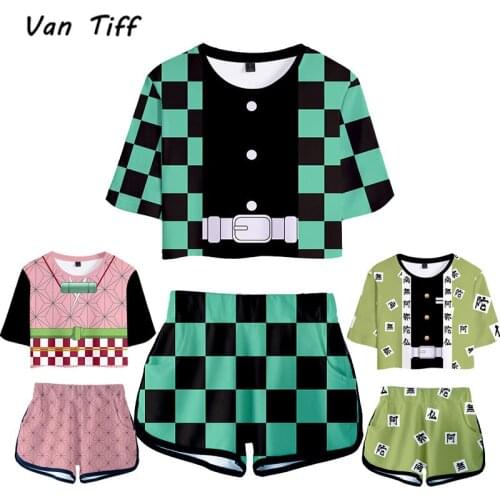 Demon Slayer Shirt Shorts Girls Kimetsu no Yaiba Cosplay Costume Tops Sport Suits Kamado Nezuko Running Set Shorts Tees Women