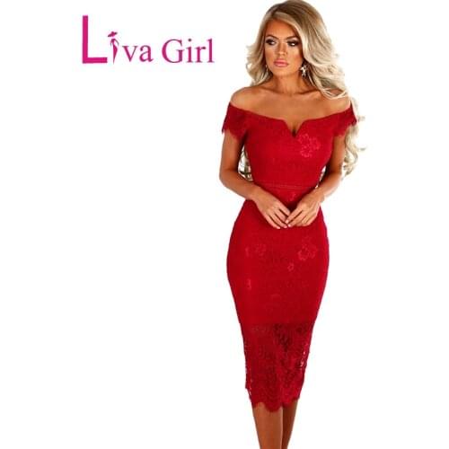 LIVA GIRL Lace Party Dresses Women Off Shoulder Bodycon Midi Dress Sexy Red 2020 Summer Dress Pencil Office Vestidos De Fsiesta