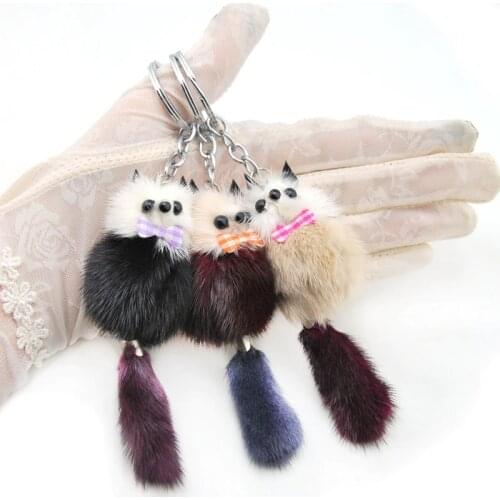 Fashion Cute Fluffy Pompom Raccoon Keychain Genuine Mink Fur Pom Pom Fox Bear Key Chain Ring Woman Bag Charms Man Trinket Gift