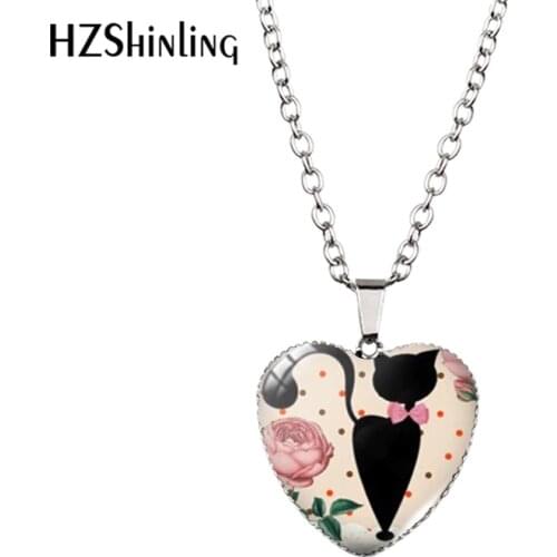 New Cat Silhouette Heart Necklace Black Cat Heart Pendant Siamese Cat Jewelry Murano Glass Heart Necklace HZ3