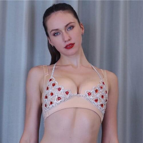 Wholesale Sexy Body Chain Red Heart Rhinestone Heart Bikini Jewelry Lingerie Set Luxury Bling Bra and Thong Crystal Body Harness