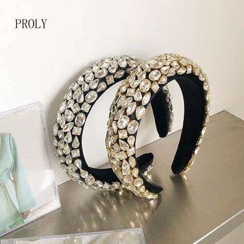 PROLY New Fashion Women Headband Wide Side Gold Silver Hairband Luxurious Crystal Rhinestone Headwear Adult Wedding Hair Hoop