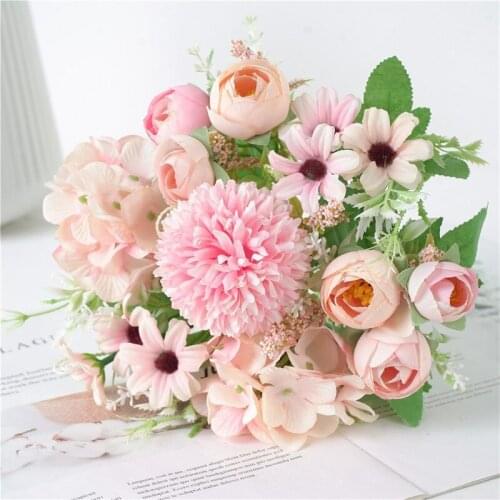 Pink Silk Hydrangeas Artificial Flowers Wedding Flowers for Bride Hand Silk Blooming Peony Fake Flowers Garden Home Decoration