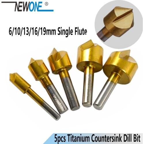 5pcs Metric 6mm 10mm 13mm 16mm 19mm Titanium Coated Countersinks Single Flute 90 Degree Chamfering Cutter Chamfer Drill Press