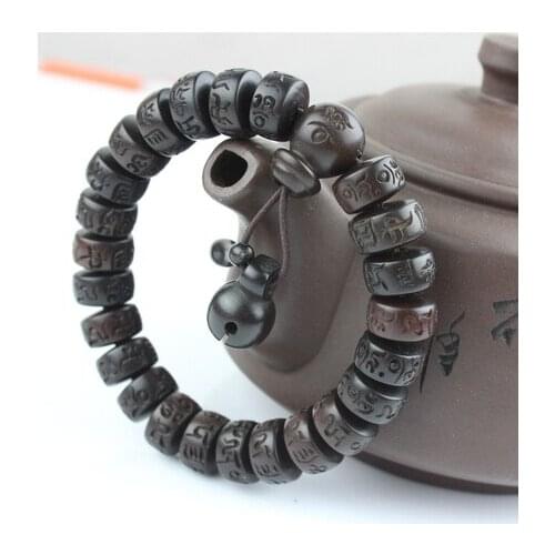Vintage Tibetan Mala Prayer Beads Bracelets Men & Women Jewelry Wooden Buddhist Six Mantra Sculpture Wood Meditation Bracelets