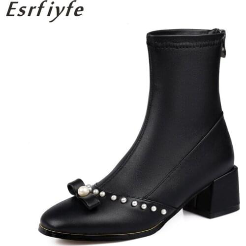 ESRFIYFE 2020 New Fashion Square Toe Ankle Boots Autumn Winter Women Boots Comfortable Thick Heel Ladies Shoes Elastic Boots