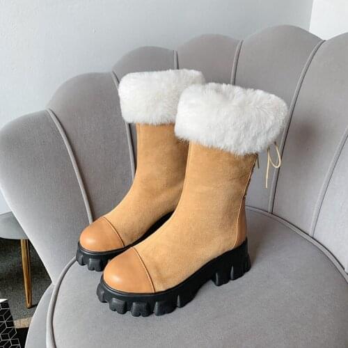 Salu 2020 new hot sale winter pulsh keep warm top quality ankle boots med heels round toe black brown with fur women boots