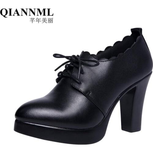 32-43 Deep Mouth Block Black Heel Office Shoes Women Pumps Platform 2020 Oxford Footwear Lace up High Heels Red Wedding Shoes