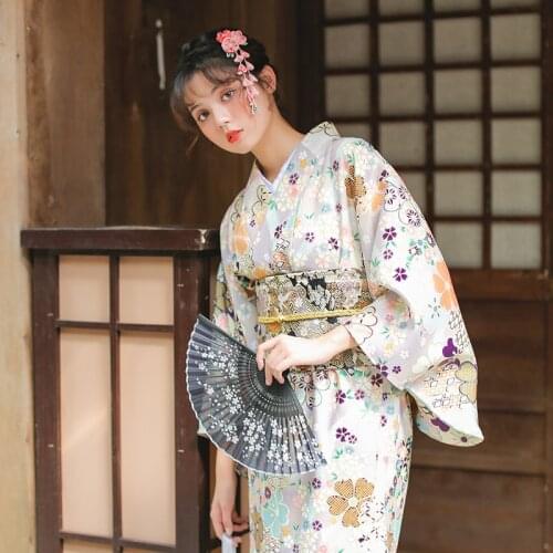 Womens Japan Kimono gray Color Beautiful Flower Prints Japan Traidtional Yukata Cosplay Clothing Stage Performing Wear