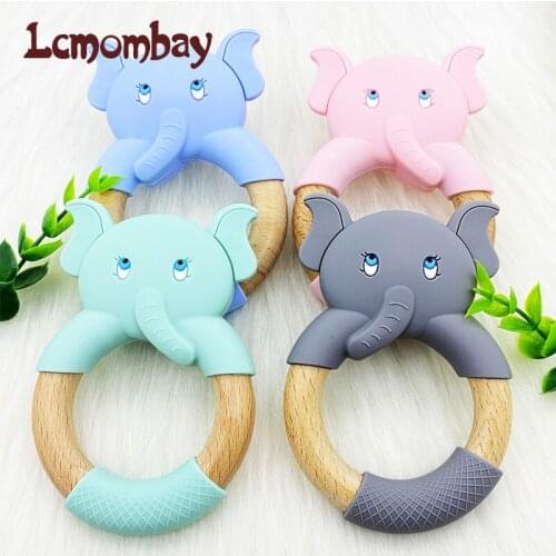 1pcs Baby Toys Silicone Elephant Baby Teether Beech Wooden Ring Hand Teething Chew Play toy