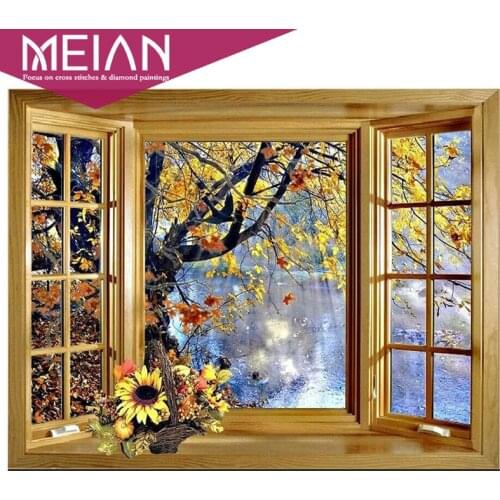 2020 MEIAN window outside tree lake 5D Diy Diamond Painting scenery Cross Stitch Full Round Drill Wall Arts & Crafts