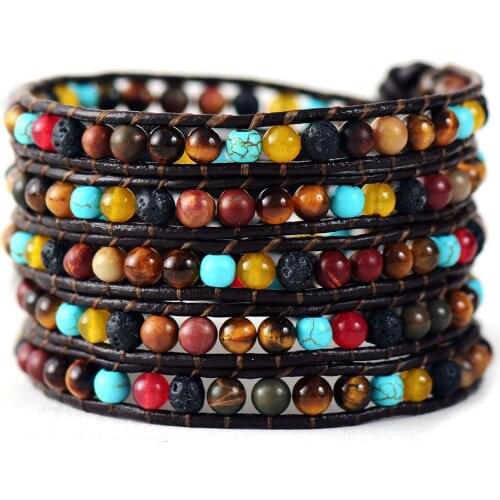 5 Row Leather Wrap Bracelet Mix Natural Stones Vintage Leather Weaving Beaded Bracelet Bohemia Couples Gift Bracelet