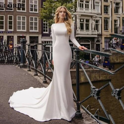 LORIE Ivory Satin Mermaid Wedding Dresses 3D Flowers Backless Boho Bride Dresses Long Sleeve Pearls Wedding Bridal Gowns 2021