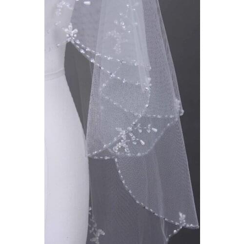 2-layer high-end beaded bridal veil white ivory veil wrist length veil and comb