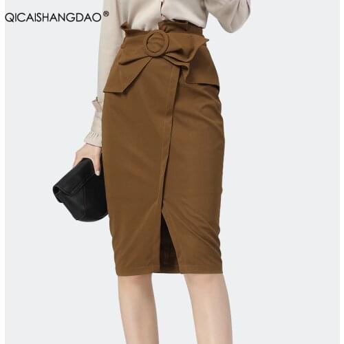 Elegant Office Ladies Skirt 2021 Spring New High Waist Split Brwon Pencil Skirt Knee-Length Bow Decoration Straight Midi Skirts