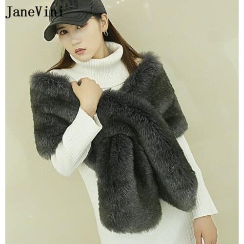 JaneVini New Fashion Dark Gray Women Shawls and Wraps Wedding Jackets 2020 Faux Fur Bolero Bridal Cape Winter Warm Shrugs Stoles
