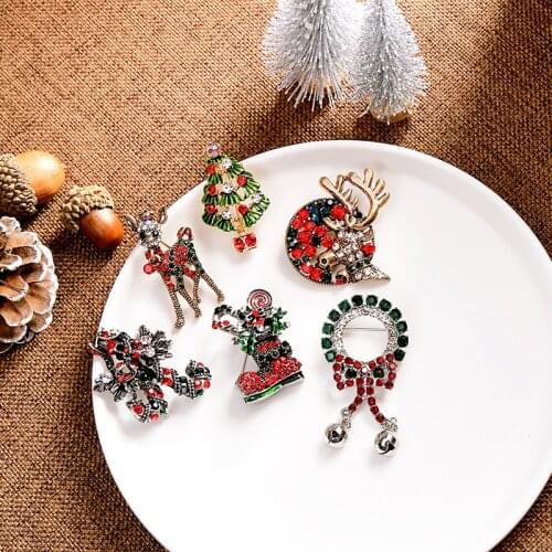 Kissme 2020 New Christmas Brooch Walking Stick Elk Boots Rhinestone Sweater Coat Pins Santa Claus Fashion Jewelry Clearance Sale