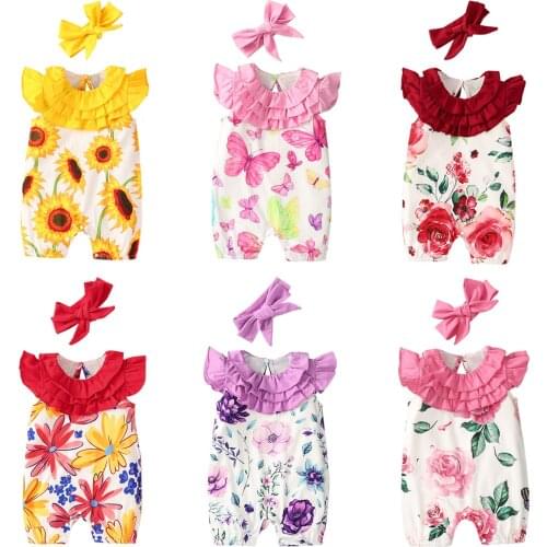 Summer Princess Baby Girls Romper Clothes Floral Print Sleeveless O-neck Jumpsuit with Ruffles+Bow-knot Headband 2PCS Suit