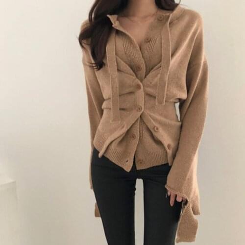 Korean Elegant Autumn Winter Sweaters Pleated Irregular Single-breasted Women Cardigan Long Sleeve Slim fit Knitted Female Tops