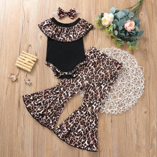 2021 3 Pcs Newborn Leopard Print Outfits, Baby Girls Color Block Boat Neck Romper + Flared Pants + Bowknot Headband