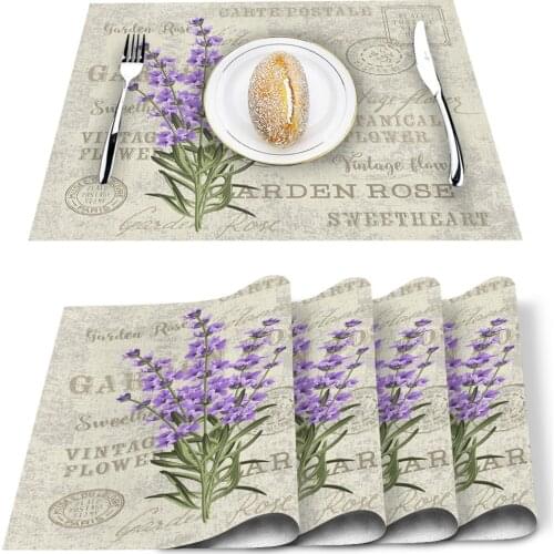 Lavender Purple Flowers Leaves Retro Dining Table Mat Heat Insulation Pot Holder Coasters Coffee Drink Tea Cup Table Placemats