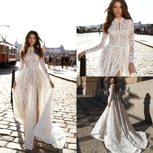 Full Lace Bohemian Wedding Dresses 2020 Long Sleeves Side Split Bridal Gowns Plus Size Beach Robes De Mariée