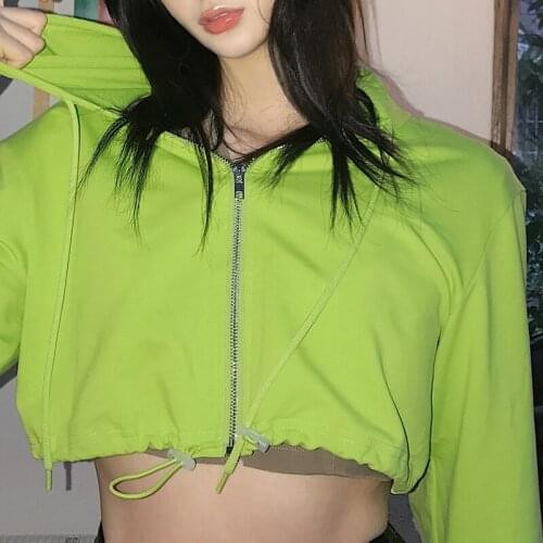 Fashion Women Green Hoodies Long Sleeve Drawstring Crop Top Stylish Zipper Hoodie Casual Tops for Ladies Female Sweatshirts