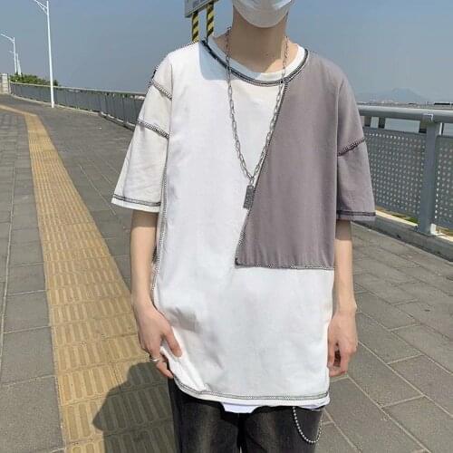 Oversized T-shirt For Men Summer Loose Round Neck Short Sleeved Hip Hop Patchwork fashion Mens Cotton Shirt Quality Funny Top