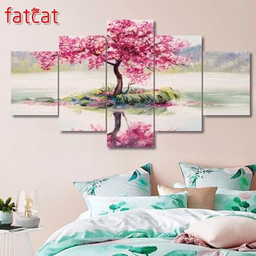 FATCAT Diy Diamond Painting 5 Pieces bloom flowers Cherry Blossoms Tree 100% Square Round Drill Diamond Embroidery Sale AE876