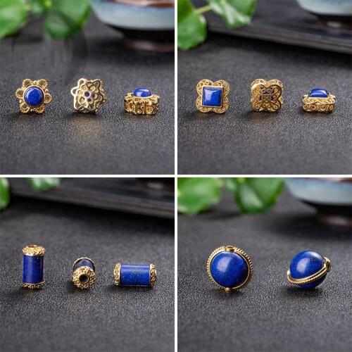 Natural lapis lazuli Single Beads Inlaid S925 Plating Gold Separated Bead DIY Accessories for Bracelet Necklace Jewelry Women