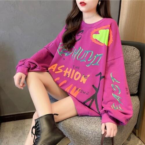 New Womens Girls Cute Round Neck Long Sleeve T-Shirt Spring Autumn Loose Fit Graffiti Print Female Polyester Top Streetwear 2021