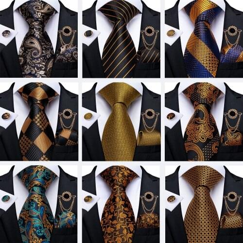 New Fashion Men Silk Tie Set Luxury Black Gold Necktie Handkerchief Metal Brooch Set Formal Business Wedding Tie For Men DiBanGu