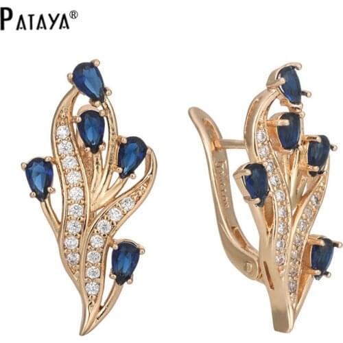PATAYA Trendy White Blue Long Earrings 585 Rose Gold Leaf Design Natural Zircon Eardrop Jewellery Women Wedding Vintage Earring