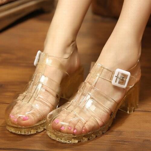 Korean Style Summer Womens Sandals Shoes Square High Heels Transparent Platform Sandal Female Bling Silver Jelly Shoes PW098