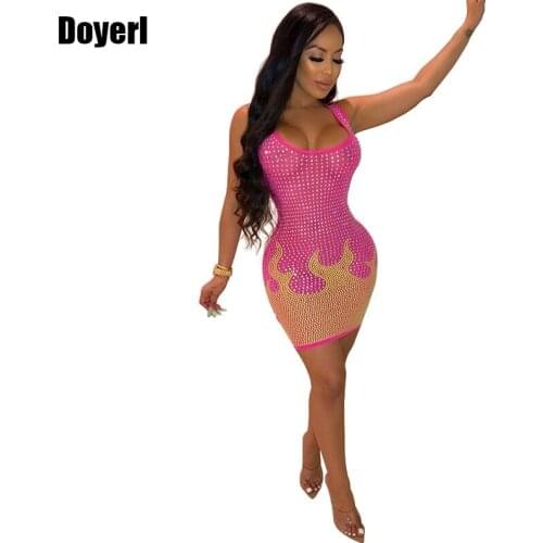 Rhinestone Sexy Bodycon Party Dress Women Summer Club Dress 2021 Sleeveless Slim Sheath Mesh Short Elegant Celebrity Party Dress